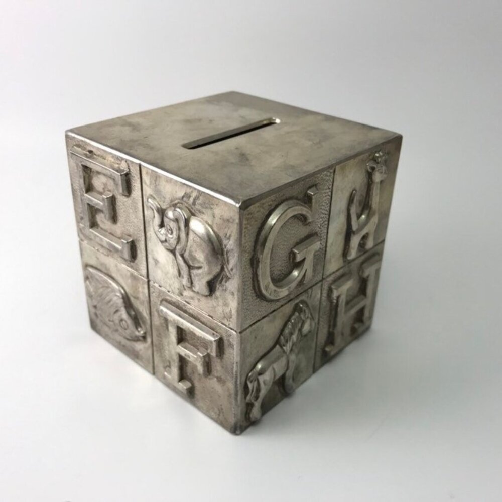 Vintage 80s Silver Plated Metal Coin Savings Bank for Children ABC